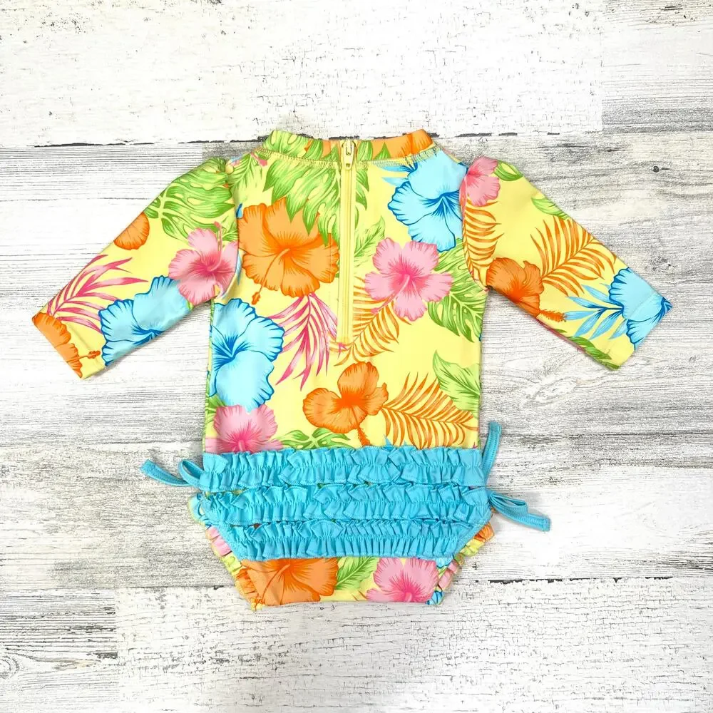 RuffleButts Rash Guard Swimsuit Baby Girl 0-3M Tropical Floral UPF50